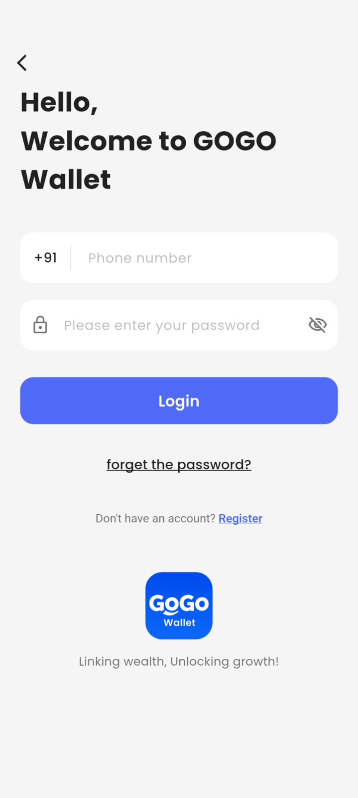 Gogowallet App login screen